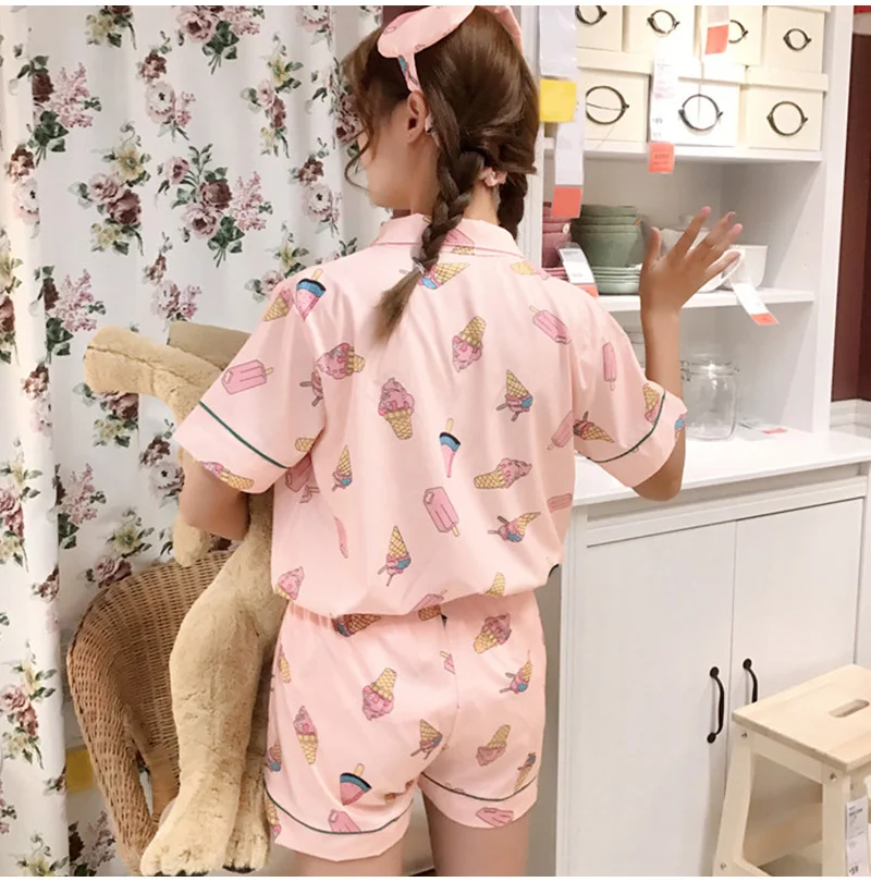 Kawaii принт комплект из двух предметов женские пижамы рубашка и шорты корейская мода свободные пижамы Женская повседневная домашняя одежда