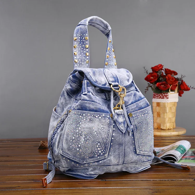 Винтаж модные Заклёпки Рюкзаки Для женщин Джинсовый Рюкзак Джинсы для