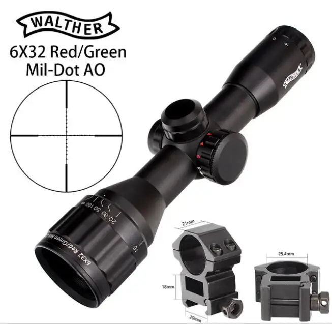 WALTHER 6x32 AO Mini Mil-Dot красный и зеленый цвет с подсветкой сетка охотничий прицел тактический оптический прицел тропа прицел - Цвет: with Pictinny Rings
