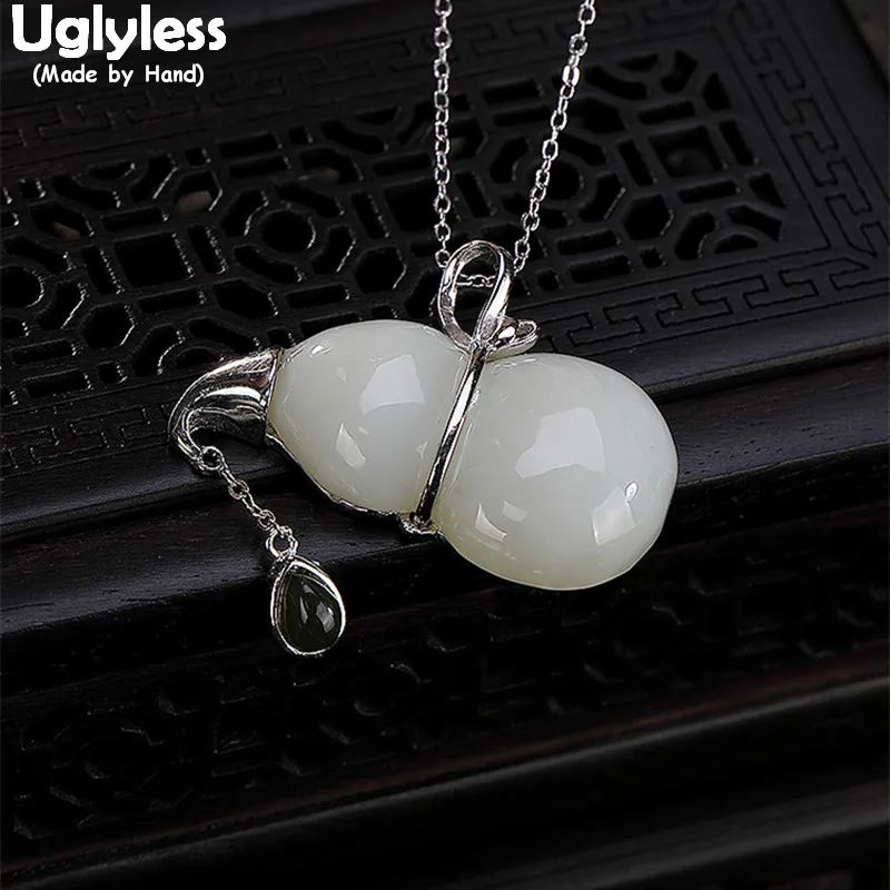 

Uglyless 100% Real 925 Sterling Silver Handmade Jade Gourd Pendants for Women Water Drop Jasper Tassel Necklaces NO Chains Jewel