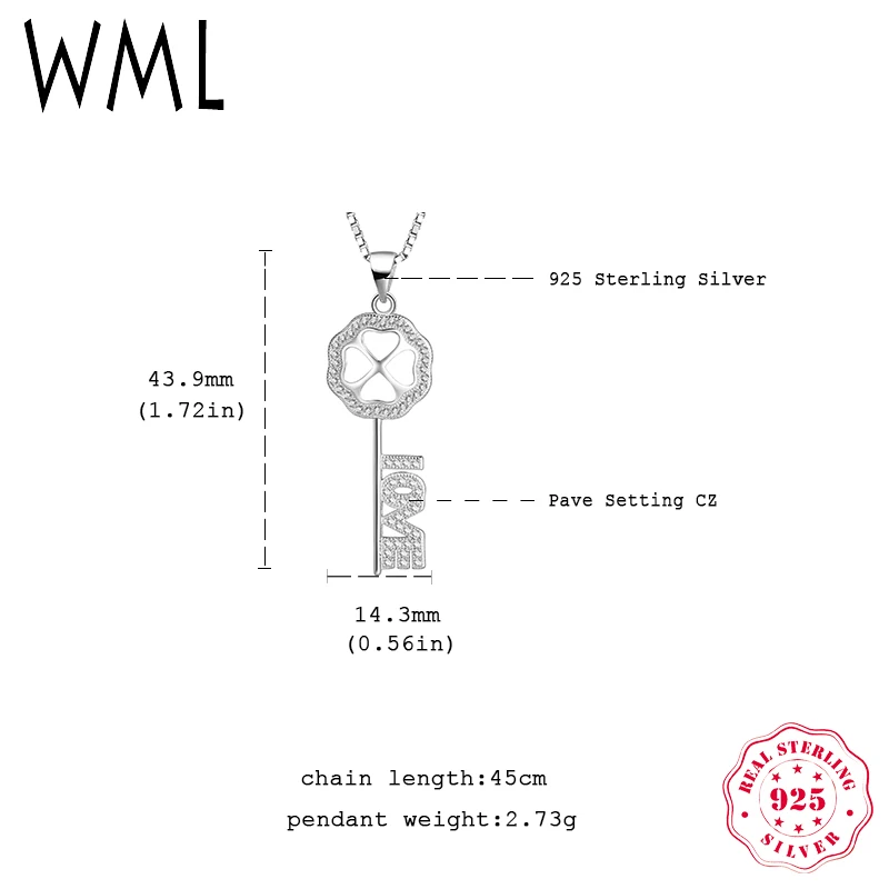 WML Подлинная 100% твердые 925 серебро ожерелья и кулоны CZ Клевер Любовь Ключ ожерелье