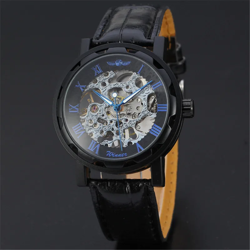Мужские механические часы скелетоны Winner наручные мужские с кожаным ремешком