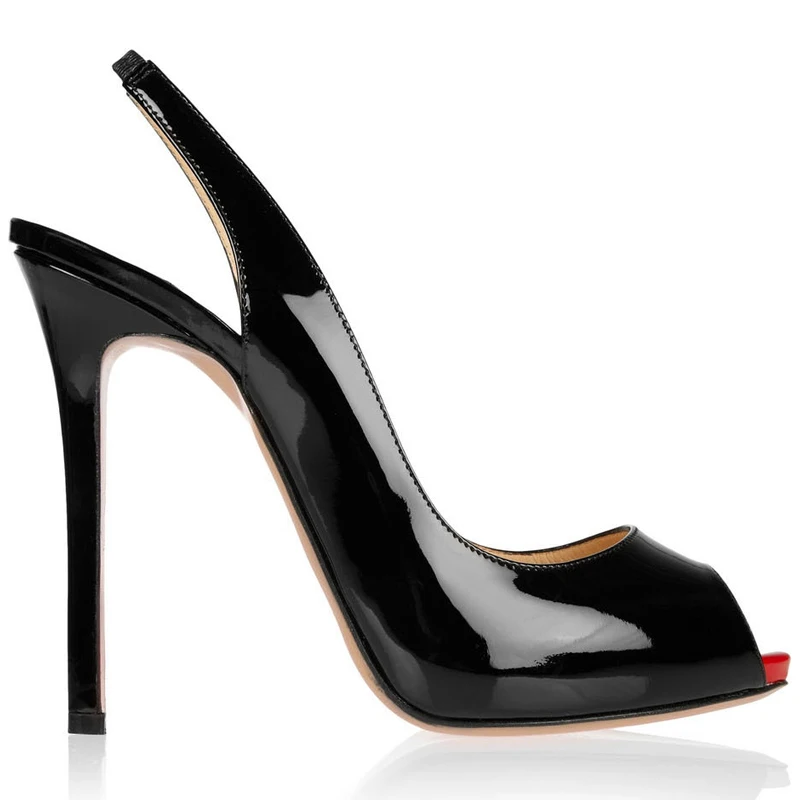 Черные туфли лодочки с открытым носком на высоком тонком каблуке петлей пятке