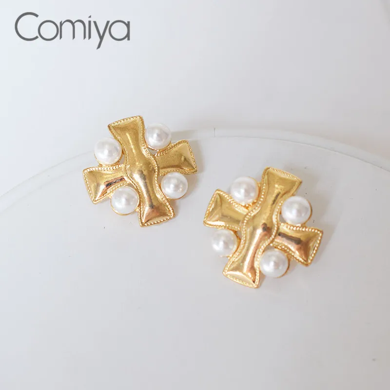 Женские серьги гвоздики Comiya из акрилового жемчуга с крестом золотого и