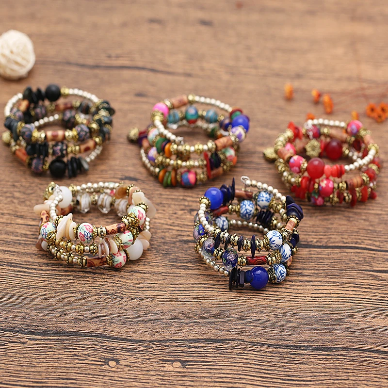 Женские браслеты-каффы бусы из натурального камня богемные браслеты винтажные