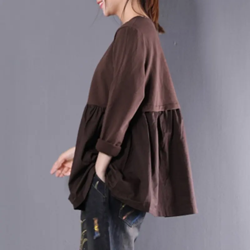 Large size women's T-shirt stitching plus 5XL 6XL 7XL 8XL summer round neck long sleeve loose black gray top | Женская одежда