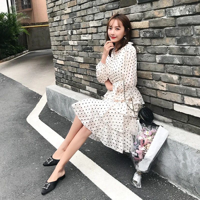 2019 Spring Fashion Women's Clothing Ruffles Dot Printing V-neck Dress Lantern Long Sleeves Button Chiffon Dresses | Женская одежда