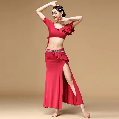 Красный 2019New дешевые Для женщин танец живота Костюмы комплект из 2 предметов, комплект для девочек из топа и юбки со спандексом балетная одежда практические занятия танцами костюмы для продажи - Цвет: Красный