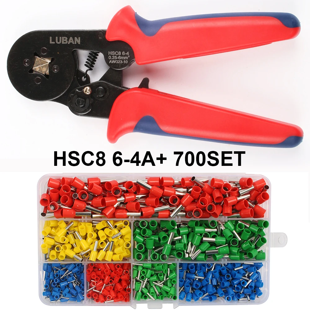 6-4A and 700 pcs HSC8 6-4A 6-6 мини-тип обжимные плоскогубцы 0,25-6 мм2 клеммы обжимной инструмент Мультитул инструмент руки плоскогубцы hsc8 16-4 Пинцет alicate - Цвет: 6-4A and 700 pcs