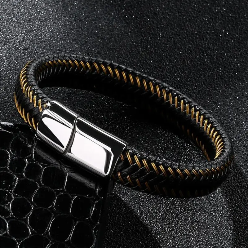 2018 модный мужской браслет для отдыха из нержавеющей стали и натуральной кожи