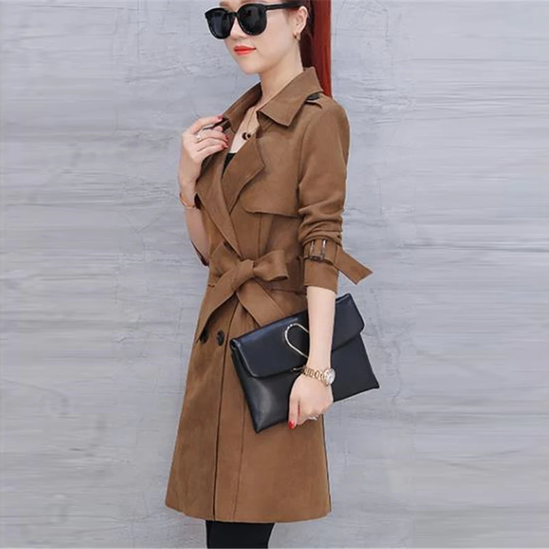 

2018 Spring New Women Windbreaker High-end Clothing Long Suede Spring and Autumn Coat Female Fashion Slim Outerwear With Belt
