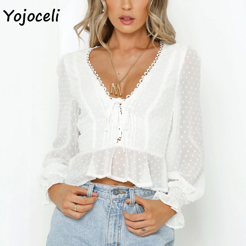 Yojoceli милые кружевные крючком Добби в горошек блузки рубашка женская шифоновая