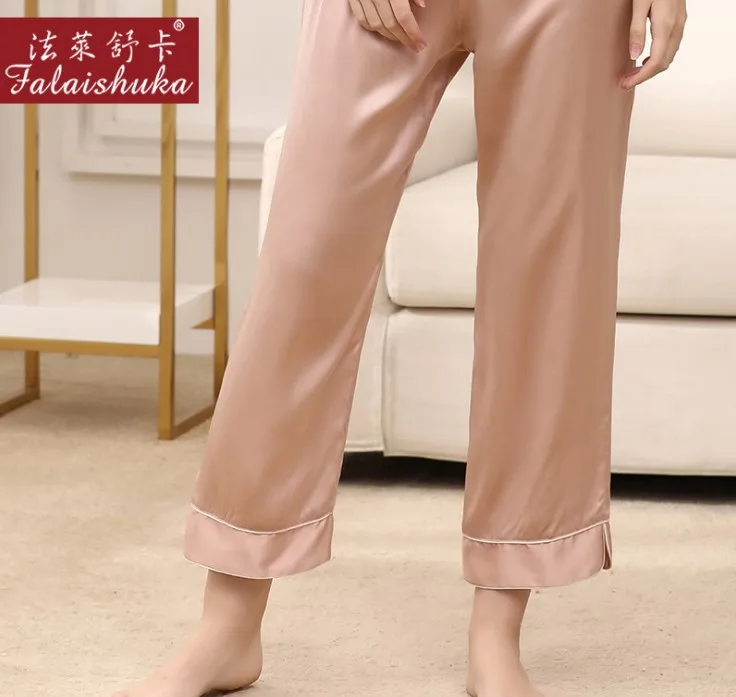 Women's Pajamas Sets 100% Silk Plus Size Summer 2019 New Lady Silk Stain Solid Short Sleeve Tops and Pants Two Pieces Sets