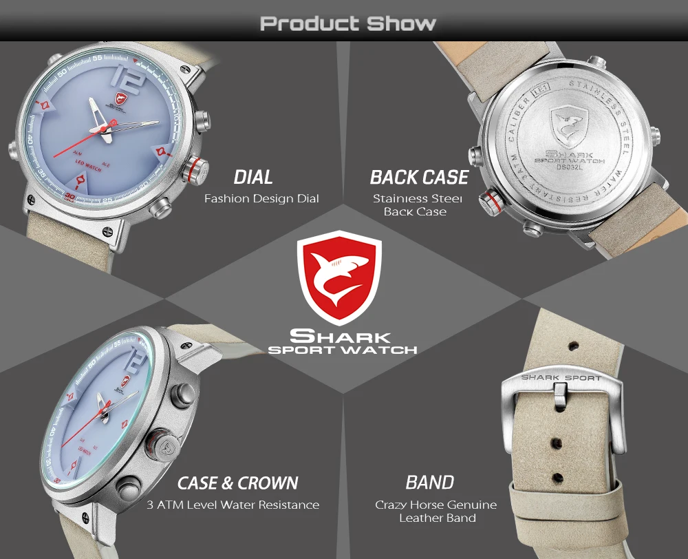 Bluegray Carpet Shark, спортивные часы, цифровые, крутые, дизайн, двойной светодиодный индикатор Даты, кожаные мужские кварцевые часы Relogio/SH550