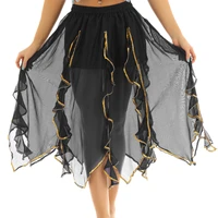 tiaobug women elastic waistband ruffled gold trim stage performance asymmetrical maxi tribal chiffon belly dance skirt costumes