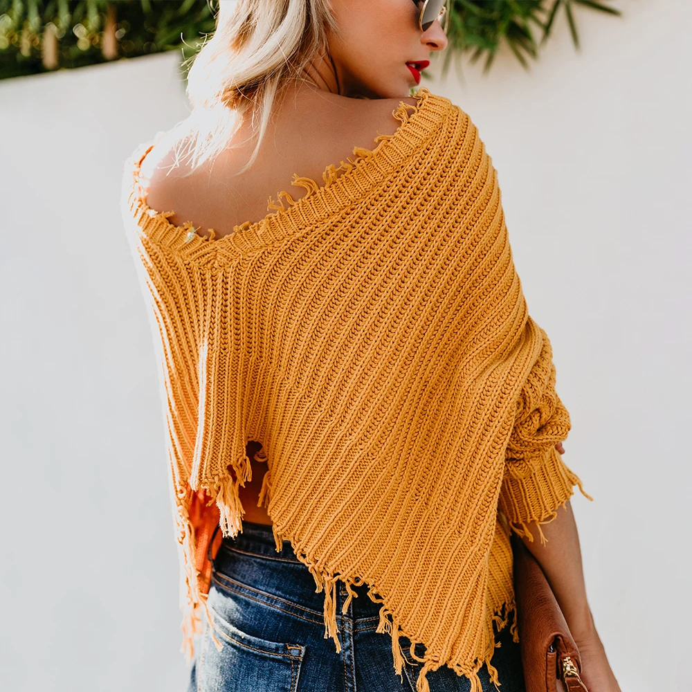 Causal Loose Sweater 2019 Women Fashion New Sexy V-Neck Pullovers Spring Autumn Solid Tops Tassel Short Cotton  Женская