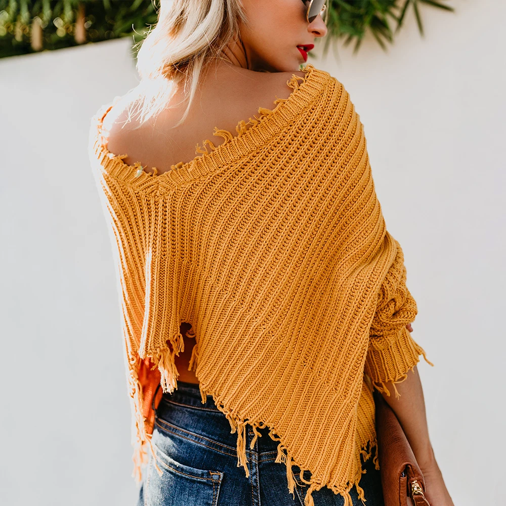Causal Loose Sweater 2019 Women Fashion New Sexy V-Neck Pullovers Spring Autumn Solid Tops Tassel Short Cotton | Женская одежда