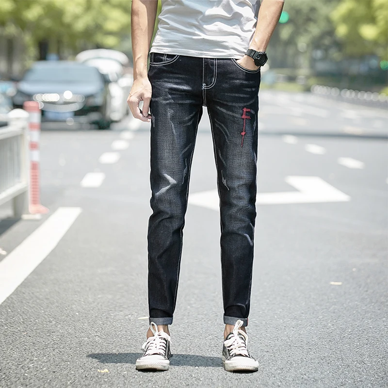 Новинка 2018 европейский стиль мужские облегающие джинсы с принтом потертые