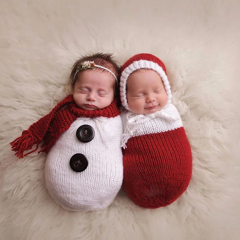 Twins Baby Boy Girl Photo Shoots Knit Snowman Outfits Newborn Photography Props Babies Crochet Sleepbag fotoshooting Accessories | Детская