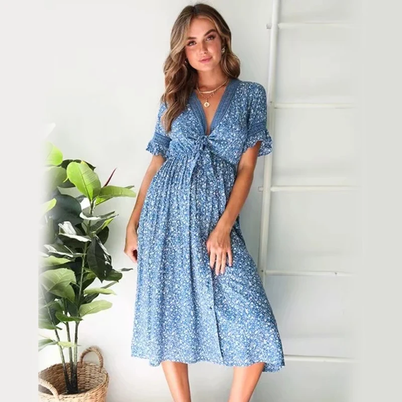 KHALEE YOSE Летние Цветочные Boho женские платья синие миди длинные с пуговицами