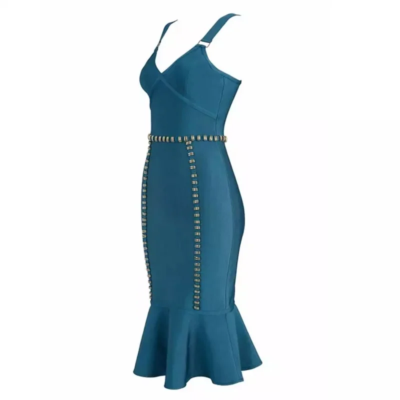 

Women Elegant blue Beading Ruffles 2018 New v neck Knee-Length Spaghetti Strap Celebrity evening party Bandage bodycon dresses