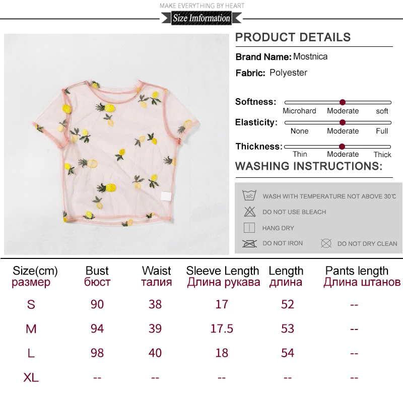 Mostnica Summer Beach Transparent Mesh T-shirt for Woman Sexy Pineapple and Lemon Embroidery Short Sleeves Sheer Lady Tops 2019 | Женская