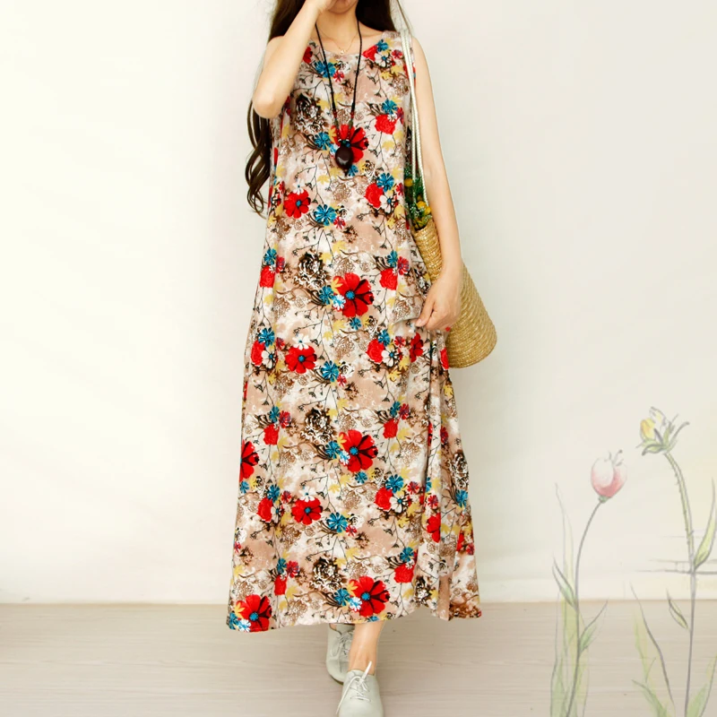 Fashion 2017 New Cotton Linen Vintage Dress Summer Women Casual Loose Long Maxi Dresses Pure Color Plus Size A216 | Женская одежда