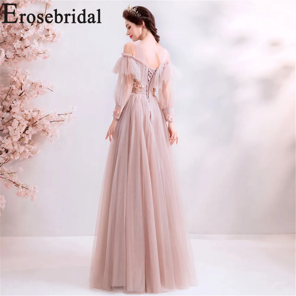 Erosrbridal, платье для выпускного вечера с длинным рукавом, кружевное вечернее платье с кружевом на спине, 3D цветок ручной работы