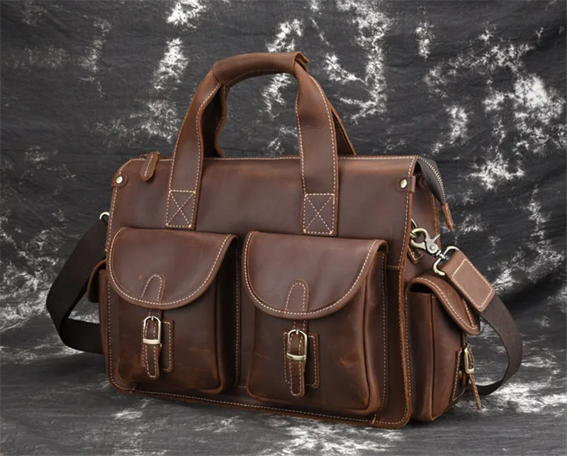 PNDME high quality crazy horse cowhide men's briefcase vintage designer simple multi pocket genuine leather office laptop bag
