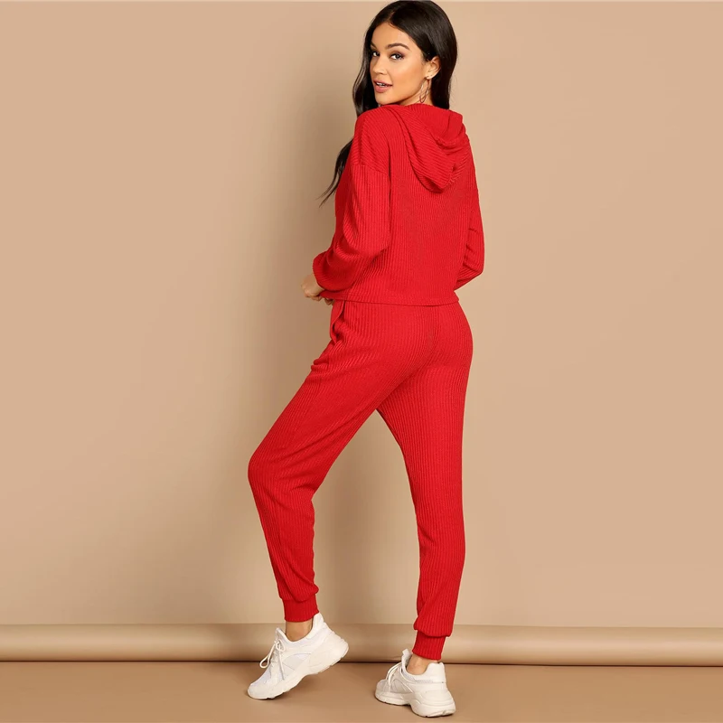 Dotfashion, красный карман, заплатка, одноцветная толстовка с капюшоном и шнуровкой на талии, брюки, набор, Женская мода, осенняя повседневная одежда из двух частей