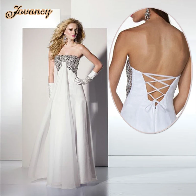 В наличии формальные белый шифон без бретелек-линии бисером лиф спинки поднимает