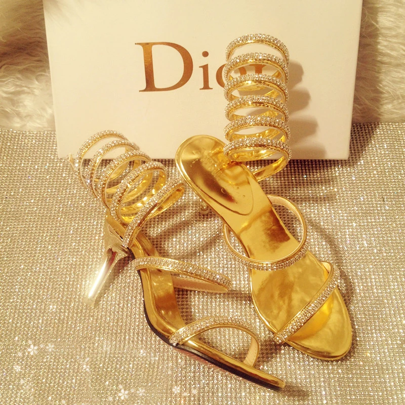 Женские босоножки со стразами золотистые туфли на высоком каблуке туфли-лодочки