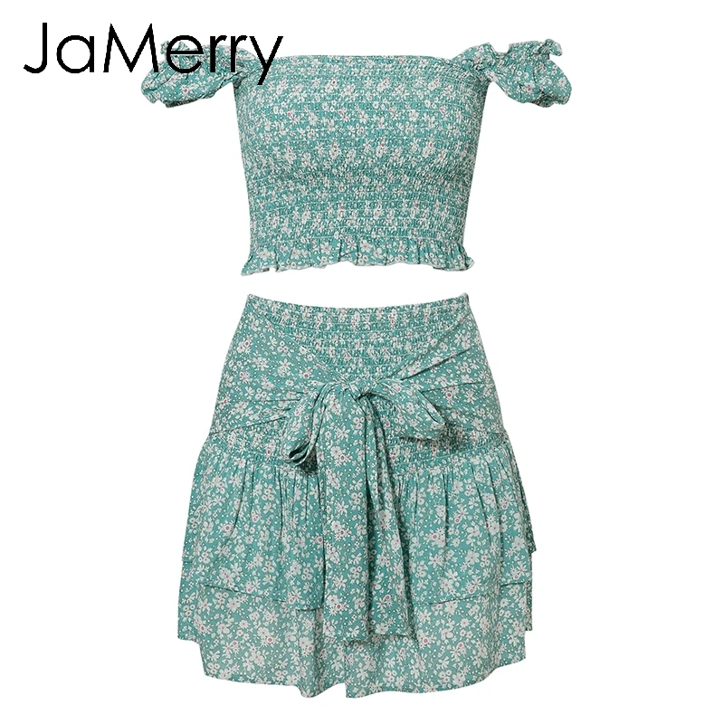 JaMerry Винтаж boho комплект из двух предметов цветочный принт женское платье женский