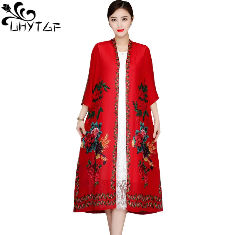 

UHYTGF Summer tops coats women Fashion printing National style thin Sun protection clothing Cardigan Long windbreaker coat 5XL82