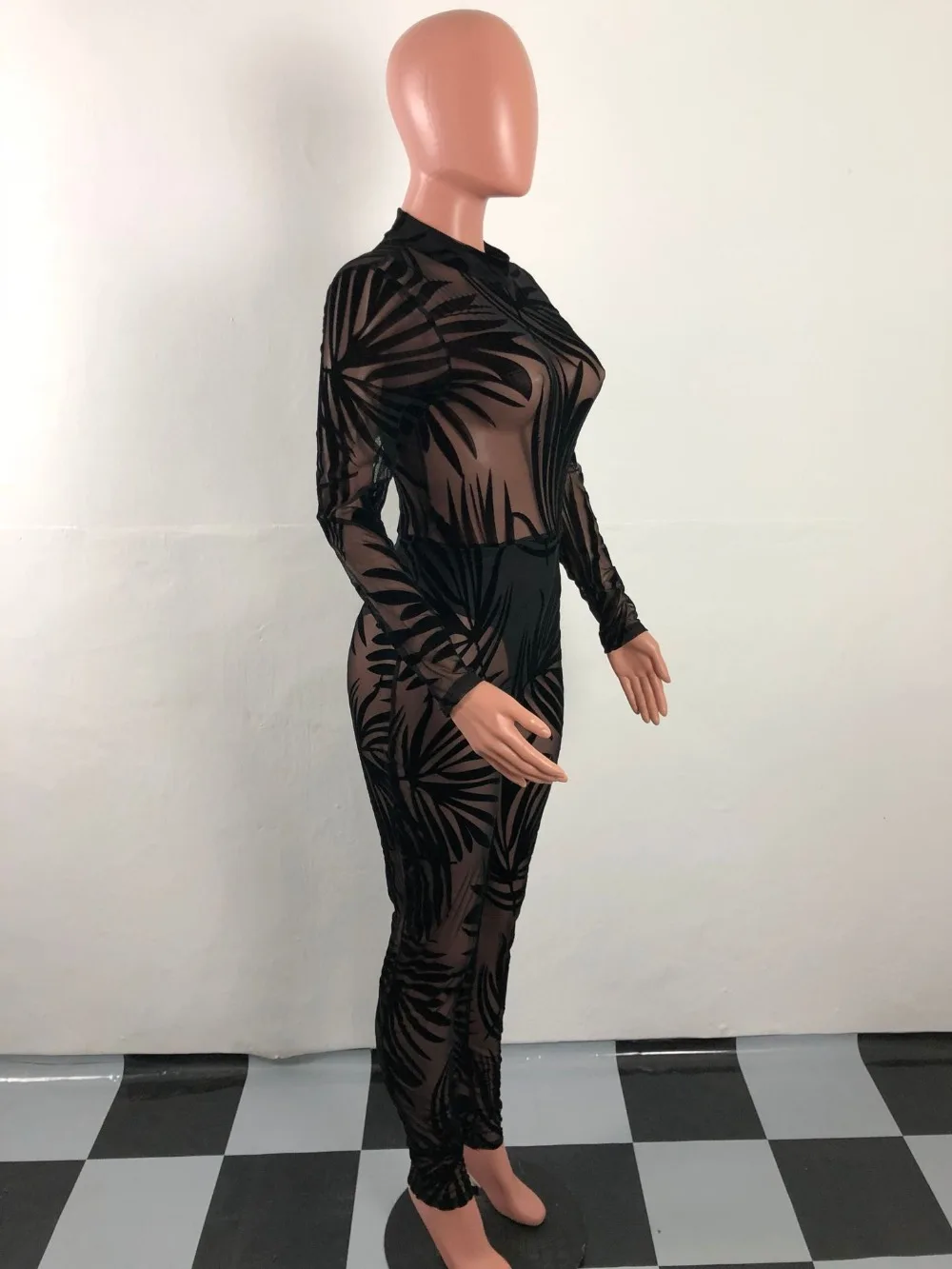Bamboo leaf Sheer Mesh See Through Комбинезон с круглым вырезом и длинными рукавами для женщин