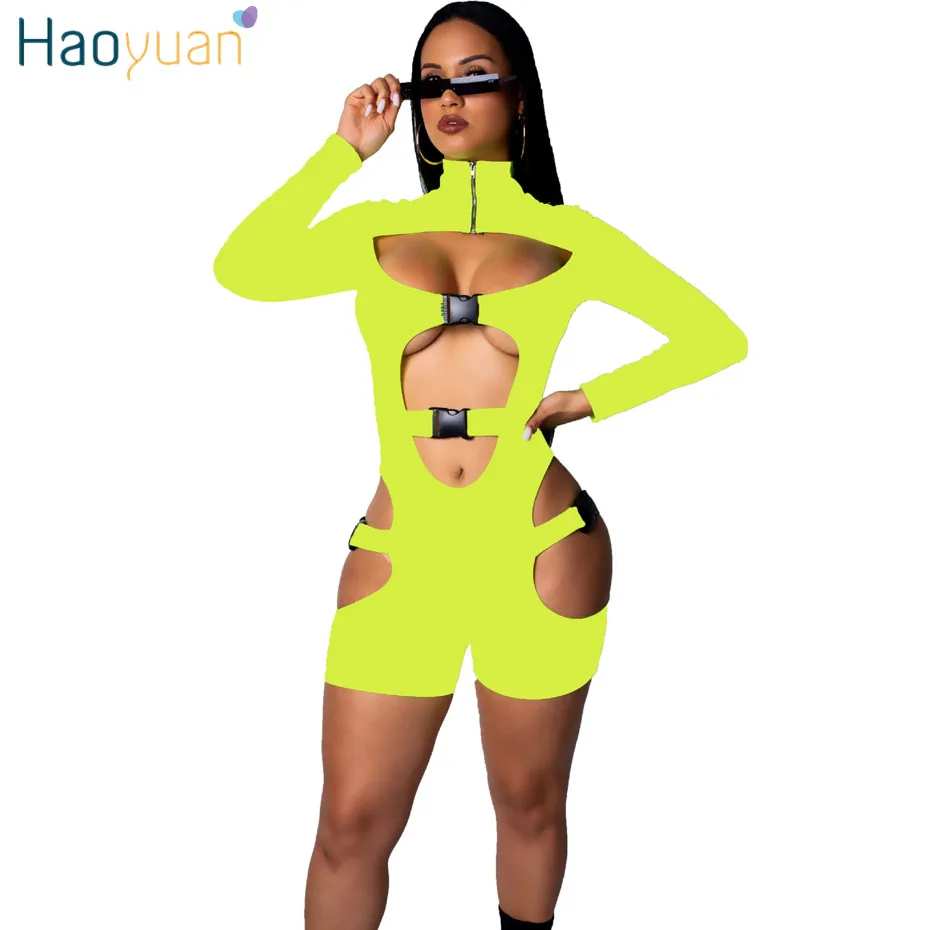 neon yellow HAOYUAN сексуальный клубный комбинезон с вырезами, с пряжкой, с длинными рукавами, комбинезон для женщин, уличная, на молнии, цельнокройный комбинезон, облегающий комплект с шортами - Цвет: neon yellow