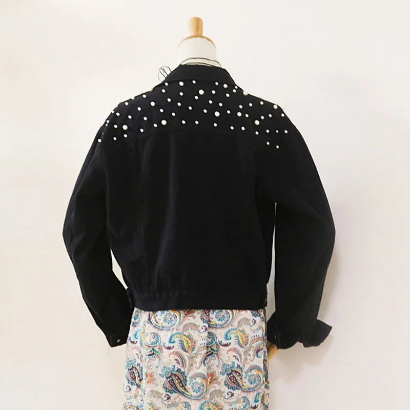 Streetwear Pearls Short Denim Jacket Single Breasted Black Jean Jackets Full Sleeve Basic Coat Women Casual Loose Outerwear 2018 | Женская