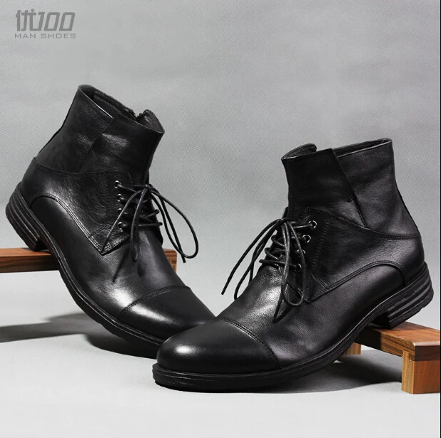 Мужские Черные ботильоны в стиле ретро ботинки мартинсы из воловьей кожи с