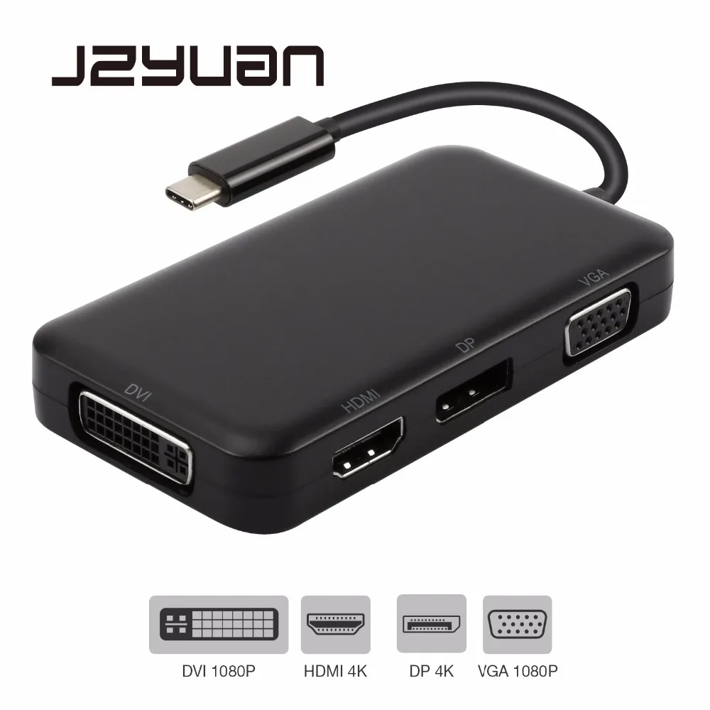 JZYuan USB C Тип 3 1 концентратор папа DisplayPort DP 4K HDMI DVI 1080P VGA разветвитель адаптер для Macbook