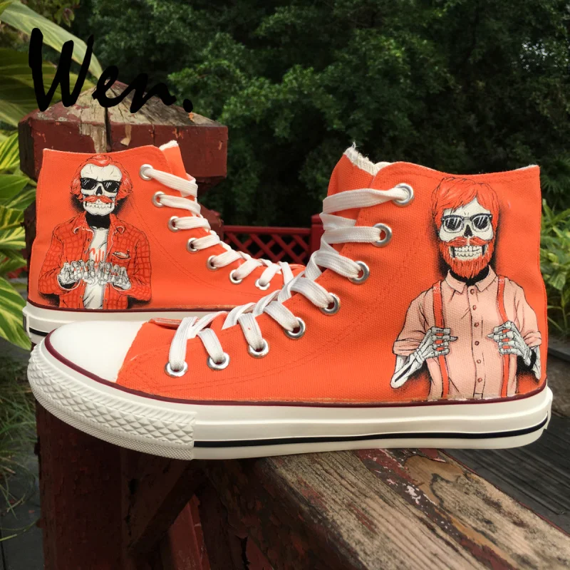 

Wen Original Design Red Hair with Sunglasses Trendy Males Skeletons Hand Painted Skate Shoes High Canvas Sneakers for Men Boys
