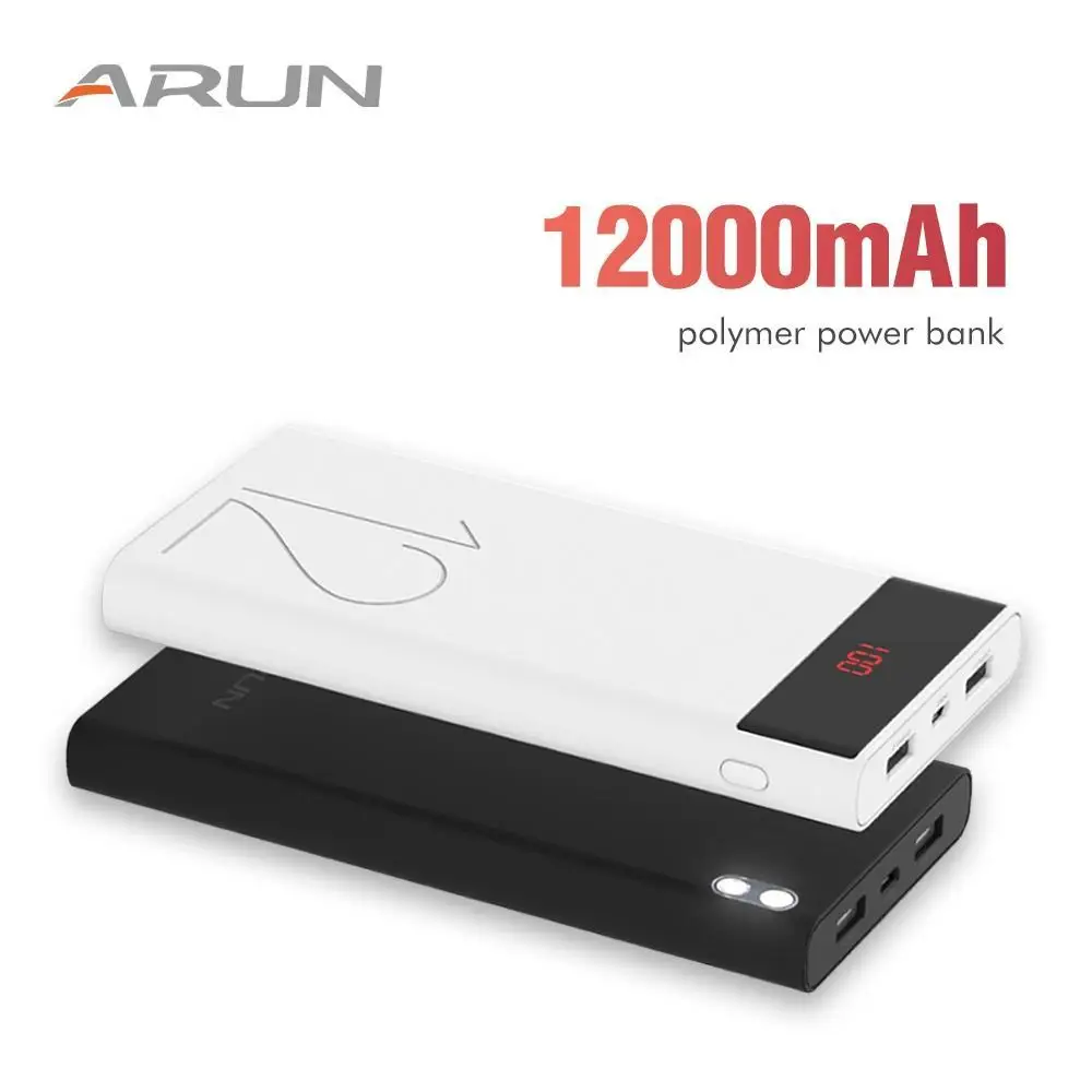 ARUN 12000 mAh внешний аккумулятор 2 USB светодиодный миниатюрное портативное зарядное