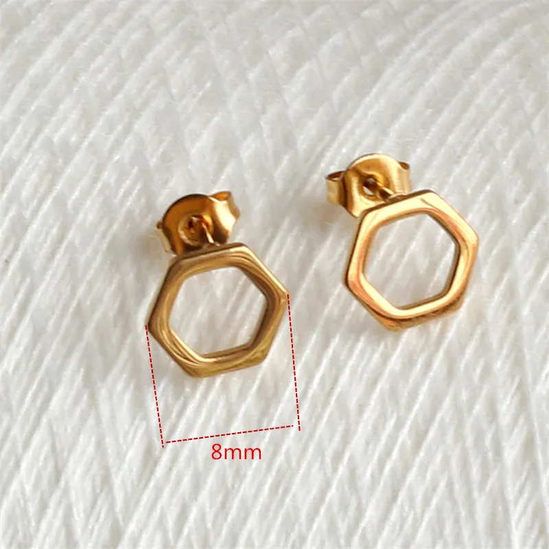 

ED019 Titanium 316L Stainless Steel Gold-color IP Planting Stud Earrings Hexagon 8mm No Fade Allergy Free Fashion Jewelry