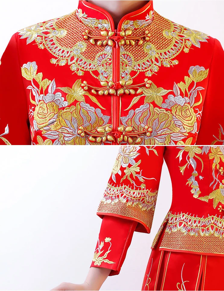 

Red Chinese Wedding Bride Cheongsam Traditional Style marry Evening Dress Embroidery Long Qipao Womens Clothing Size S - 3XL