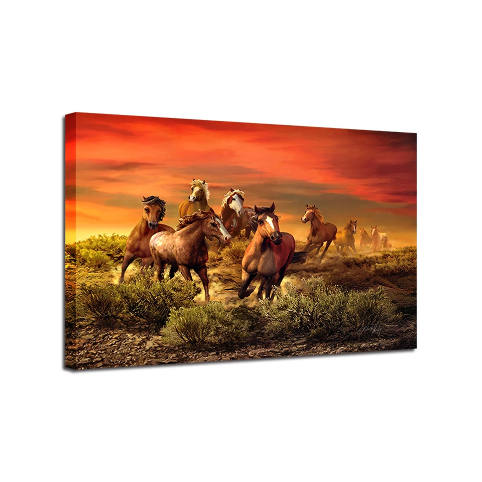 Холст картины Wall Art Home Decor HD печатает рамки 1 Piece/Pcs закат бег лошадей для гостиной