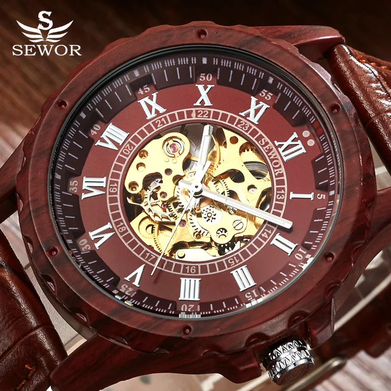 SEWOR Топ бренд класса люкс Скелет автоматические механические часы мужские Ретро