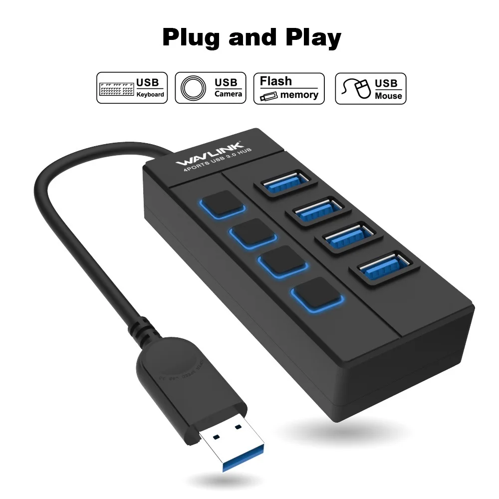 Wavlink 4 порта USB3.0 концентратор Высокоскоростной 5 Гбит/с usb-хаб с индивидуальным переключателем вкл/выкл usb-хаб сплиттер адаптер для Windows ноутбука ПК