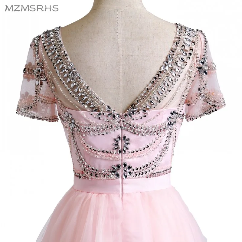 Женское бальное платье с коротким рукавом розовое или белое бисером и