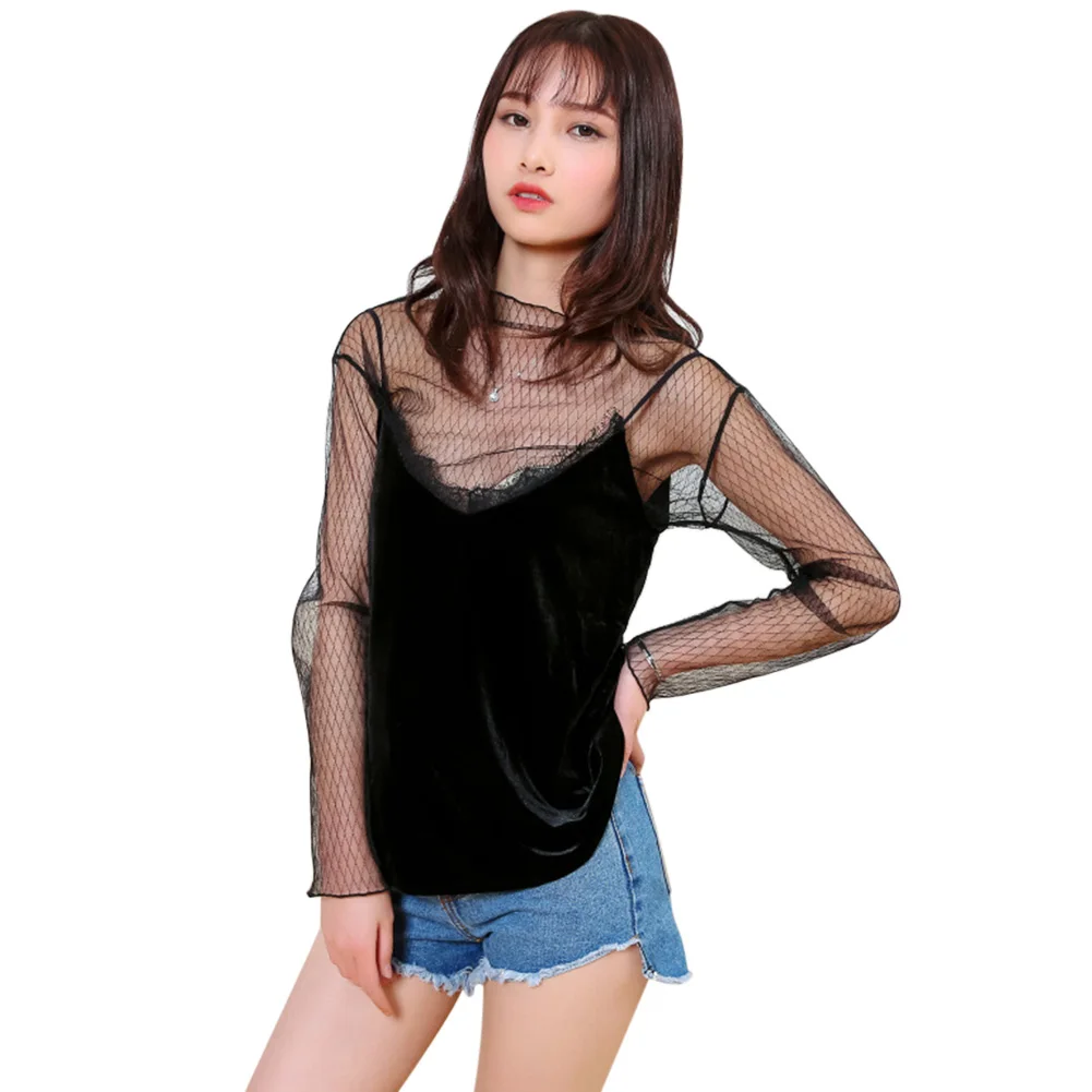 

Women Lady Top Mesh Long Sleeve High Collar Hollow for Summer Beach Party BMF88