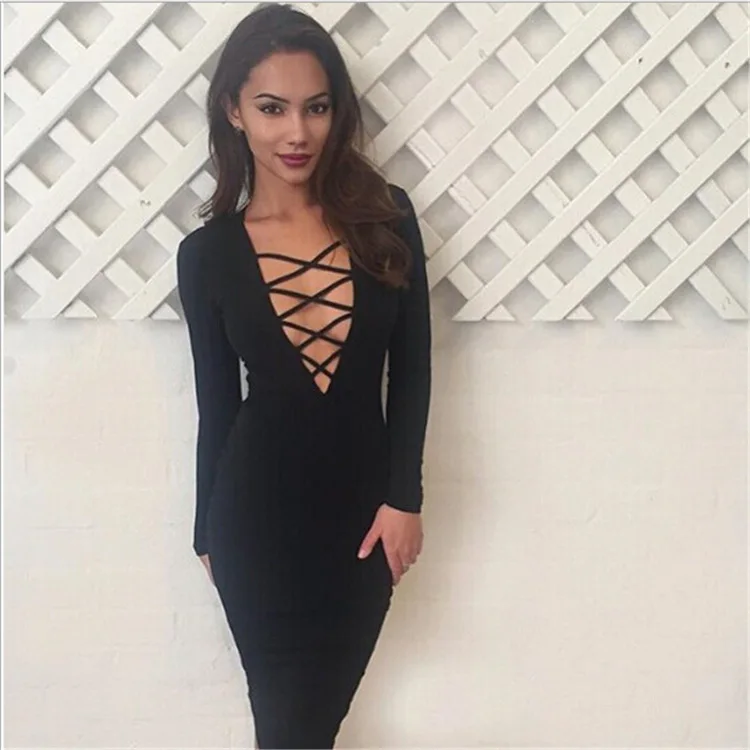 

Yollmart Quality Women Sexy Hollow Strap Hip Long Sleeve Slim Dress Club Dress