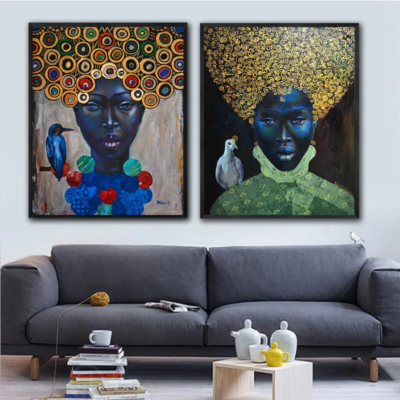 

GoldLife Africa canvas painting Wall Art Painting Pictures Posters and Prints Black Woman With Bird On Canvas Wall Pictures